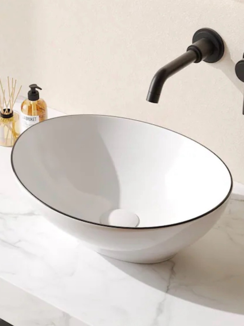 White Ceramic Vessel Sink with Black Accent Rim - Contemporary Vanity Basin